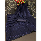 Generic Women's Georgette Embellished Sequnece Bollywood Saree With Unstitched Blouse 5.5Mtr (Blue)