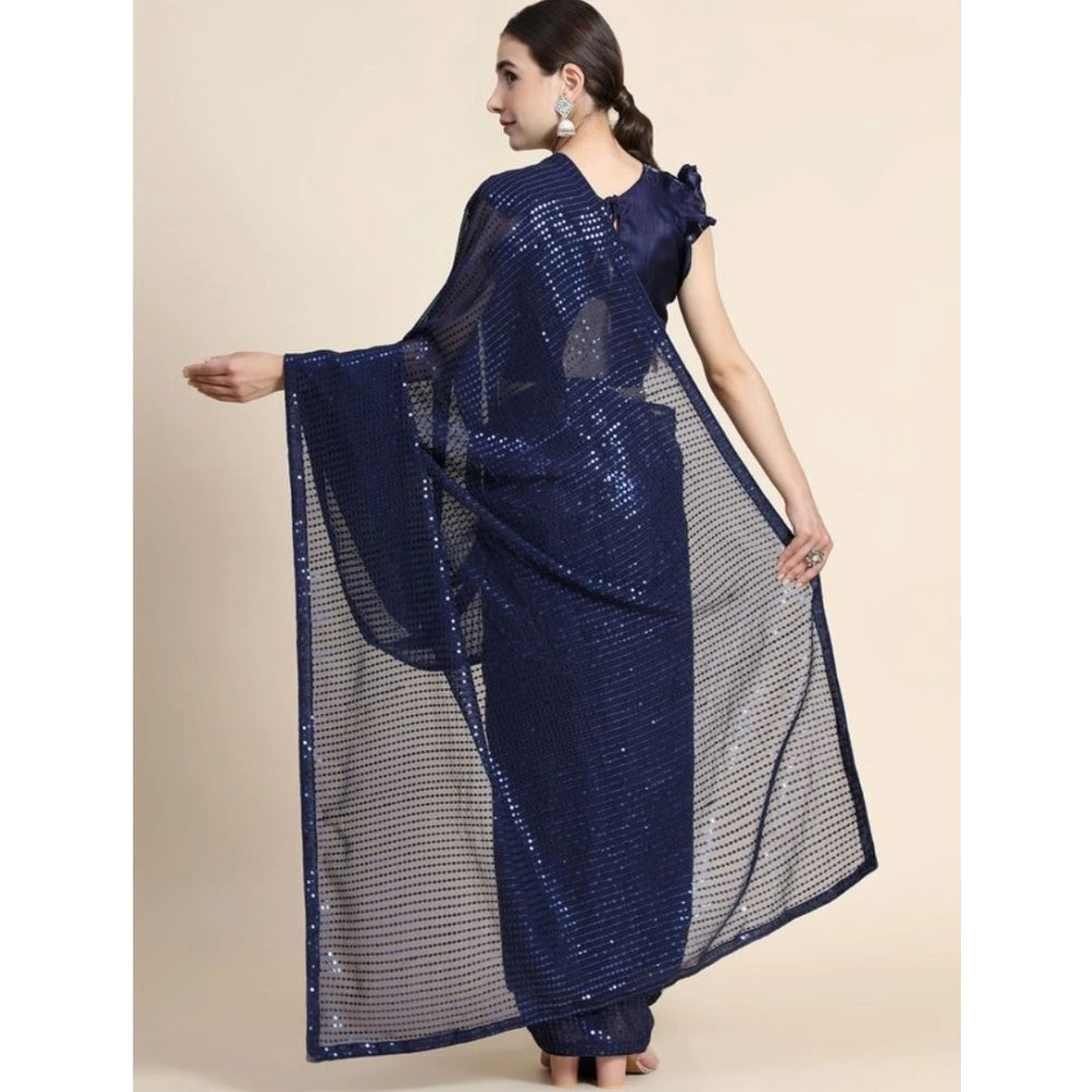 Generic Women's Georgette Embellished Sequnece Bollywood Saree With Unstitched Blouse 5.5Mtr (Blue)