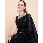 Generic Women's Georgette Embellished Sequnece Bollywood Saree With Unstitched Blouse 5.5Mtr (Black)