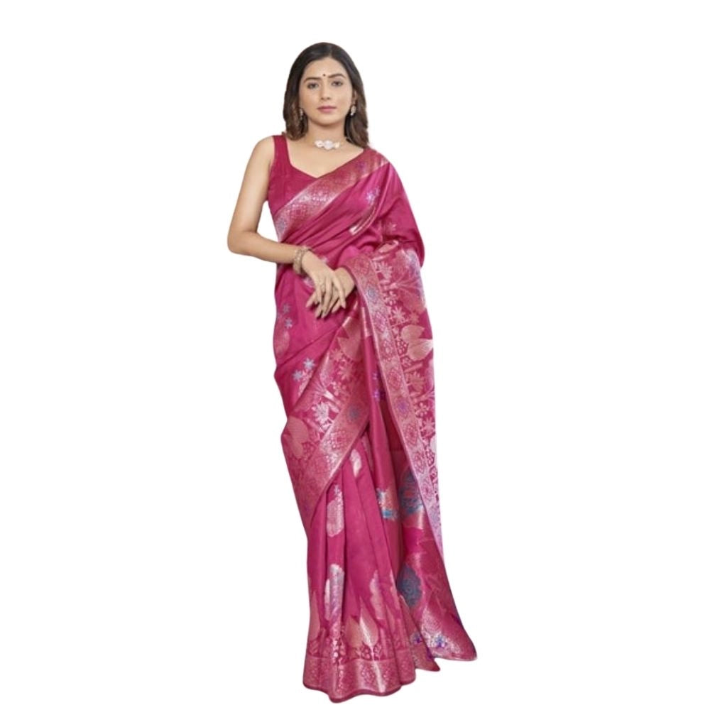 Generic Women's Silk Printed Saree With Unstitched Blouse 5.5Mtr (Rani Pink)