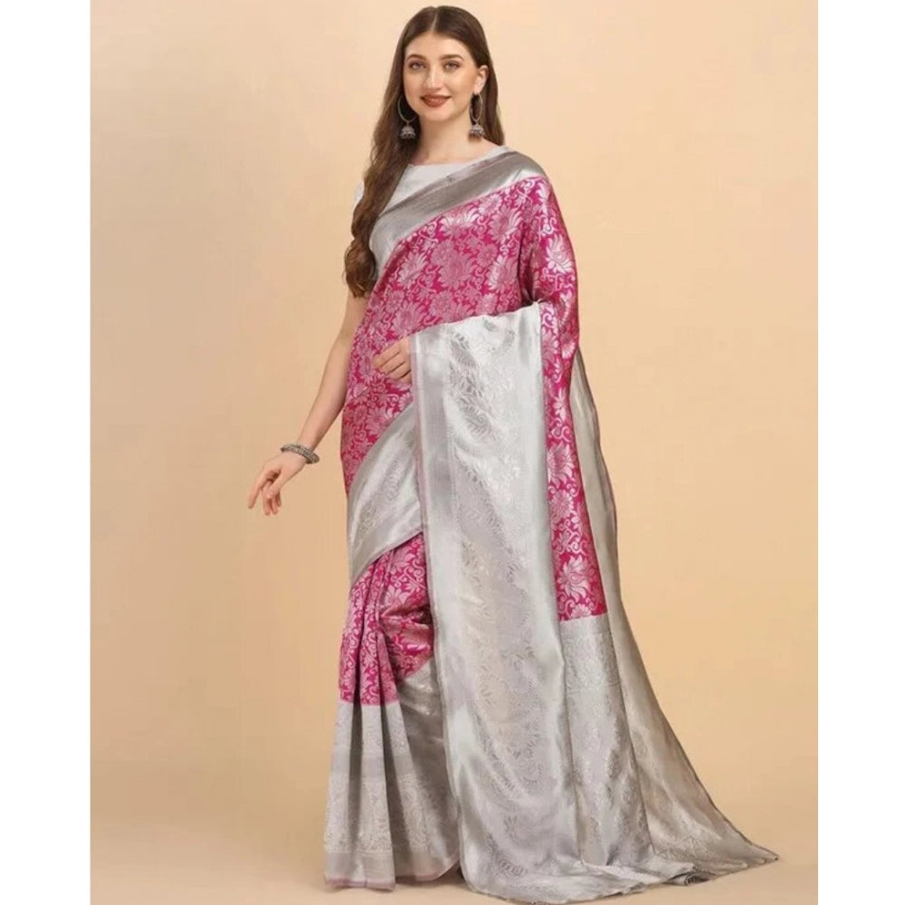 Generic Women's Soft Lichi Silk Printed Saree With Unstitched Blouse 5.5Mtr (Pink)