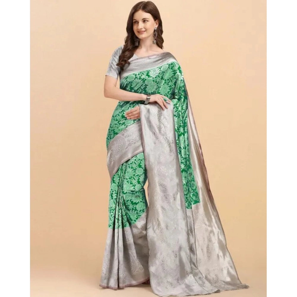 Generic Women's Soft Lichi Silk Printed Saree With Unstitched Blouse 5.5Mtr (Green)