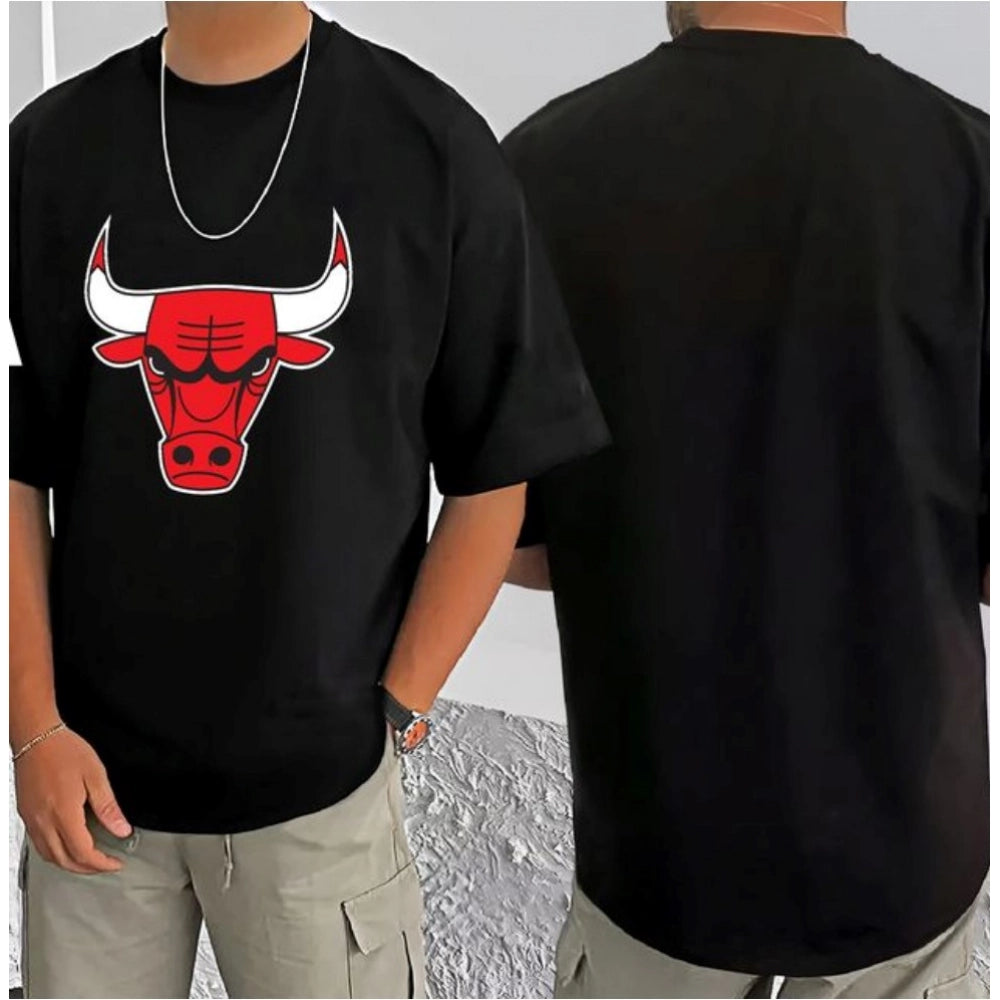 Generic Men's Casual Cotton Blend Printed Round Neck Half Sleeve T-Shirt (Black)