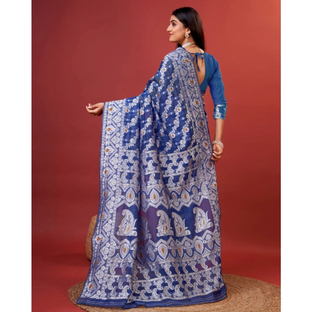 Generic Women's Cotton Silk Printed Saree With Unstitched Blouse 5.5Mtr (Blue)