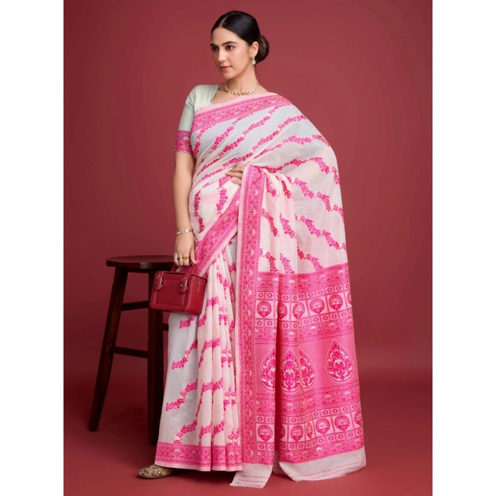 Generic Women's Jamdani Cotton Silk Printed Saree With Unstitched Blouse 5.5Mtr (Pink)