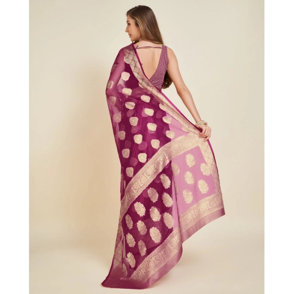 Generic Women's Soft Organza Silk Weaving Design Saree With Unstitched Blouse 5.5Mtr (Wine)