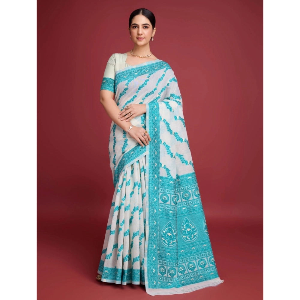 Generic Women's Jamdani Cotton Silk Printed Saree With Unstitched Blouse 5.5Mtr (Rama)