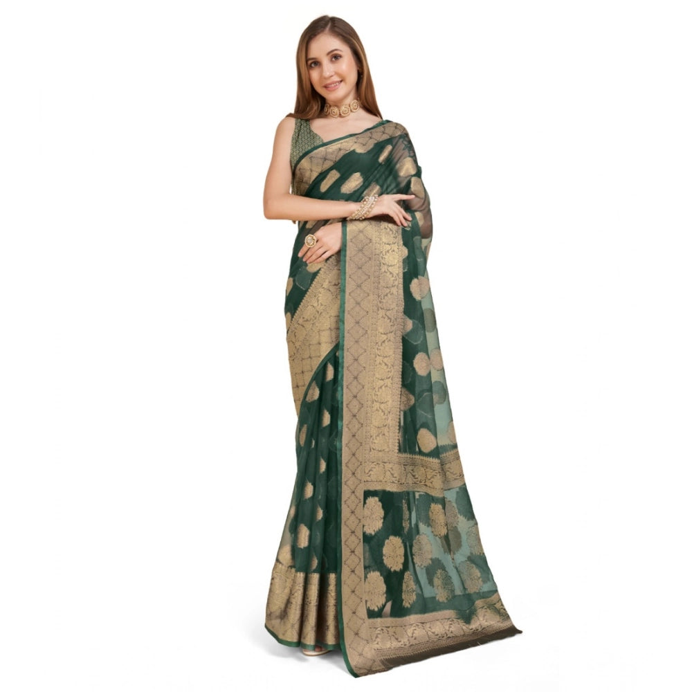 Generic Women's Soft Organza Silk Weaving Design Saree With Unstitched Blouse 5.5Mtr (Green)