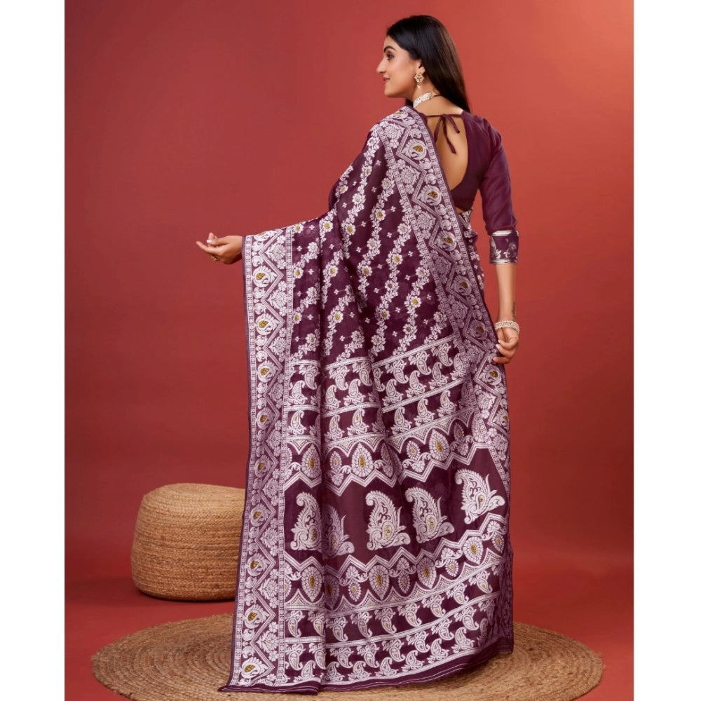 Generic Women's Cotton Silk Printed Saree With Unstitched Blouse 5.5Mtr (Purple)