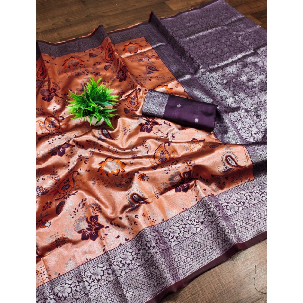 Generic Women's Banarasi Jacquard Printed Saree With Unstitched Blouse 5.5Mtr (Orange)