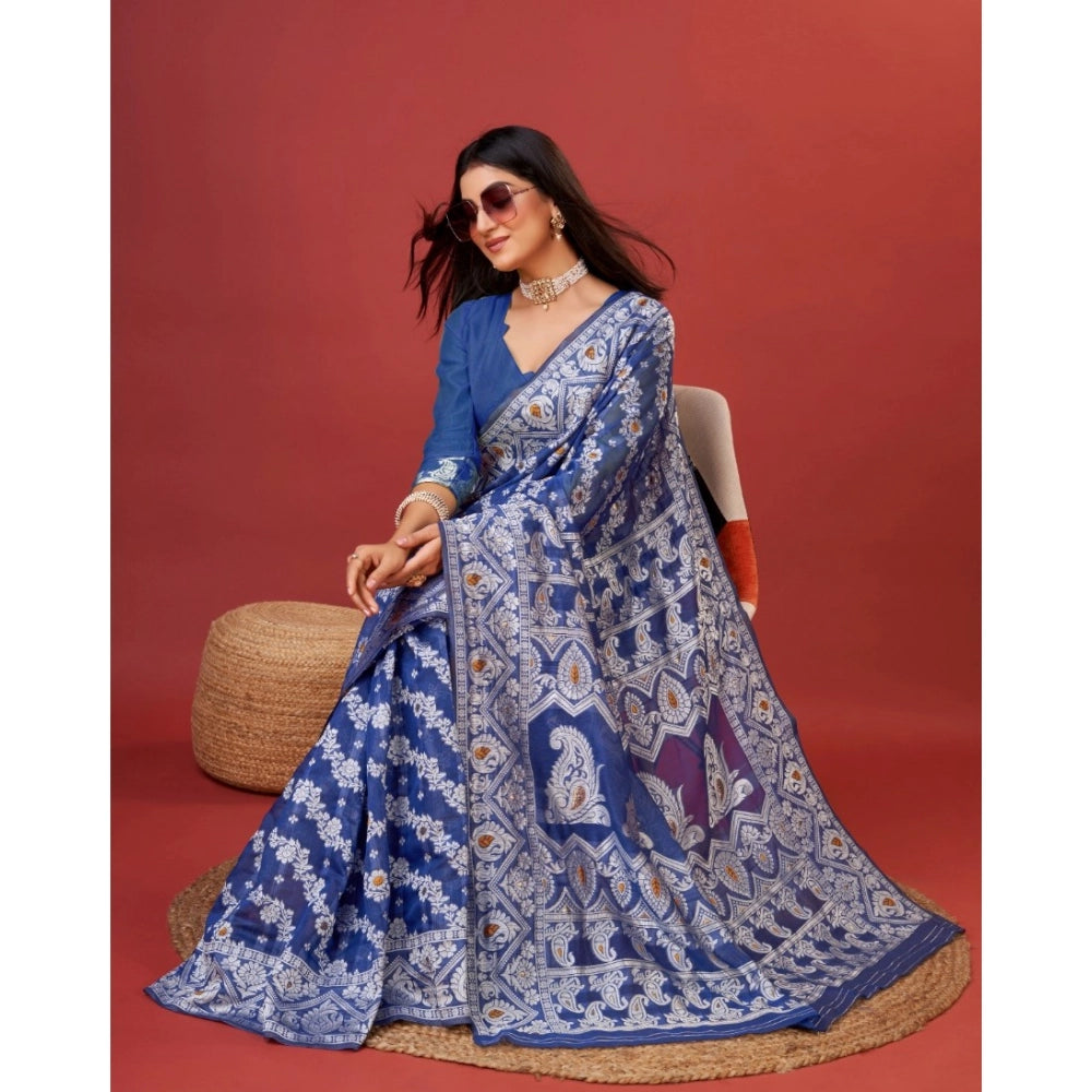 Generic Women's Cotton Silk Printed Saree With Unstitched Blouse 5.5Mtr (Blue)