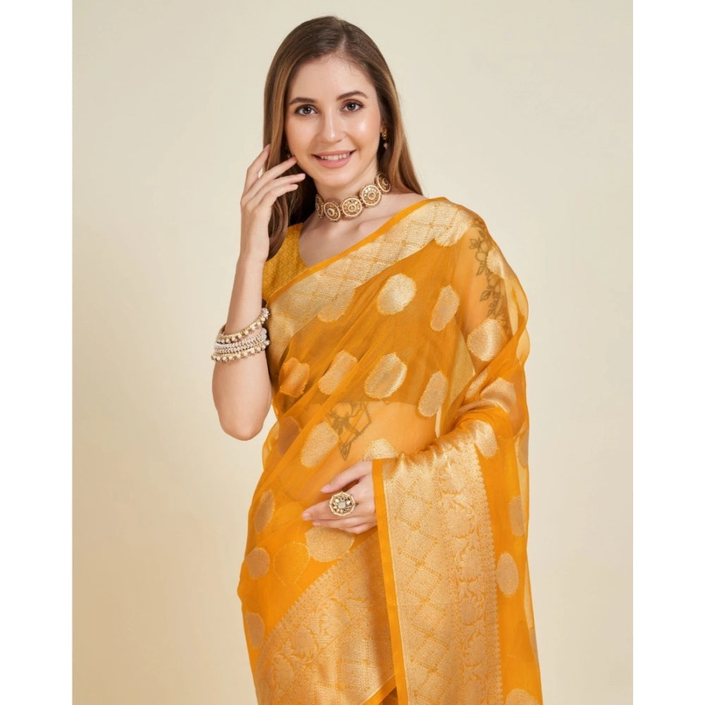 Generic Women's Soft Organza Silk Weaving Design Saree With Unstitched Blouse 5.5Mtr (Yellow)