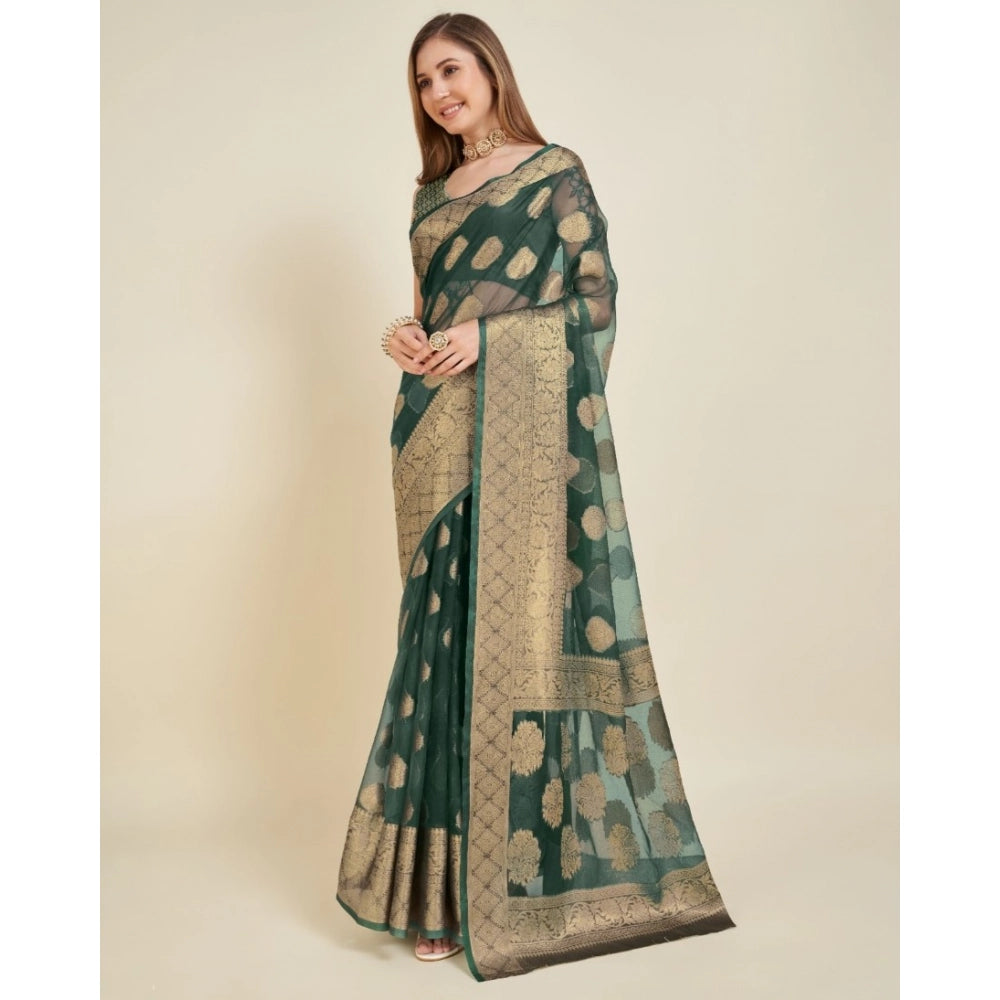 Generic Women's Soft Organza Silk Weaving Design Saree With Unstitched Blouse 5.5Mtr (Green)