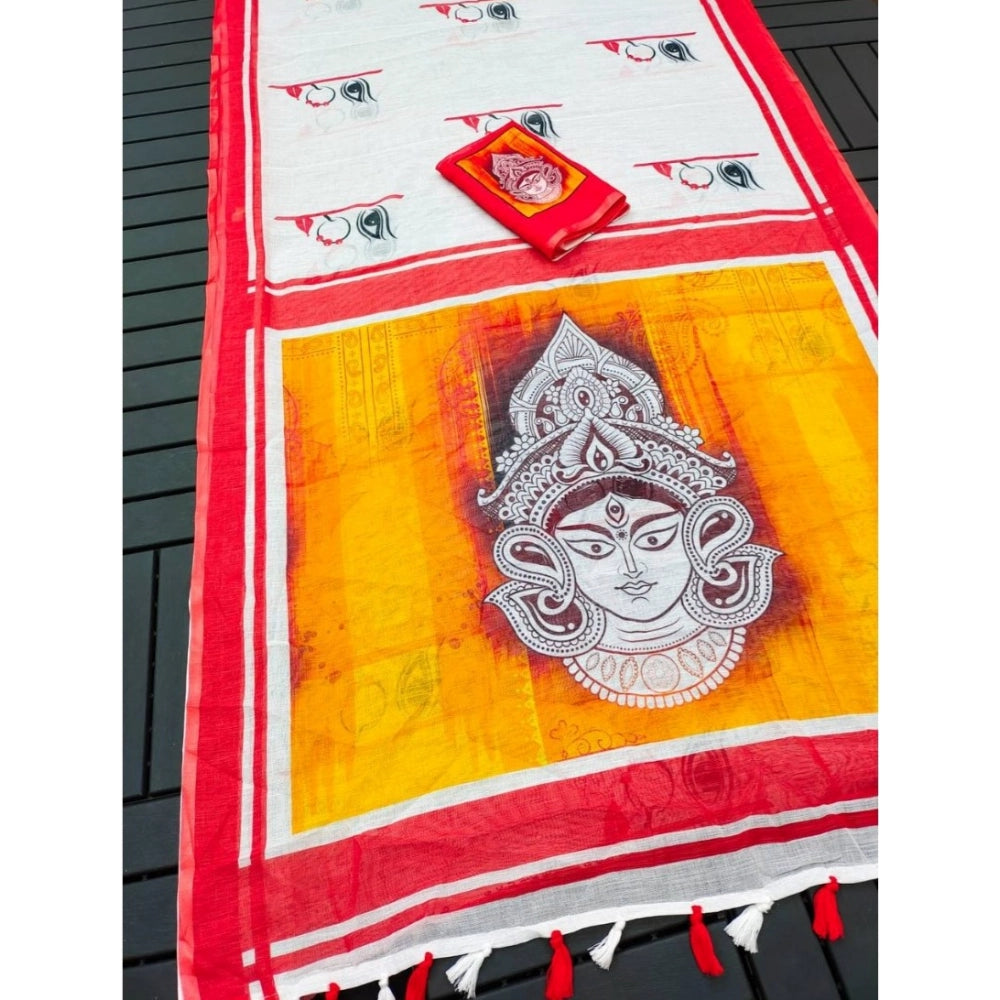 Generic Women's linen Digital Print Saree With Unstitched Blouse 5.5Mtr (White)