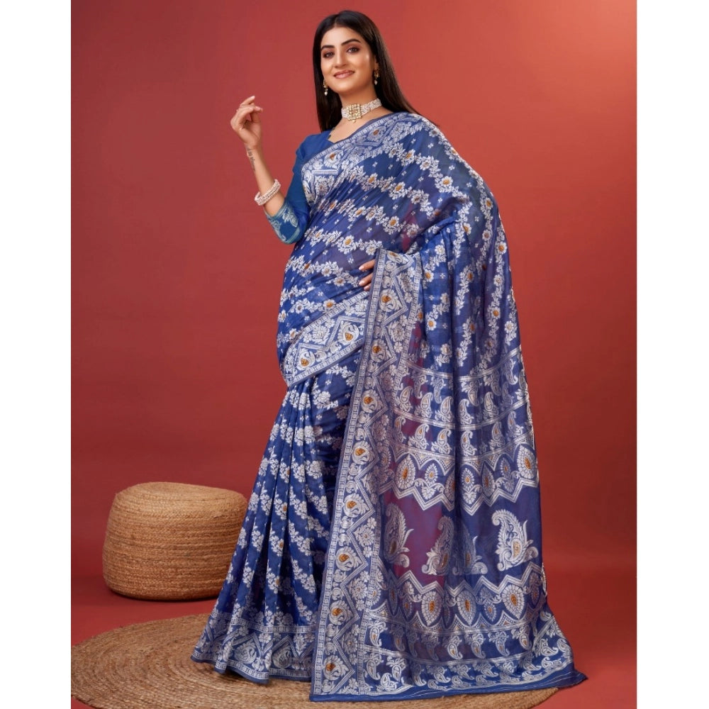 Generic Women's Cotton Silk Printed Saree With Unstitched Blouse 5.5Mtr (Blue)