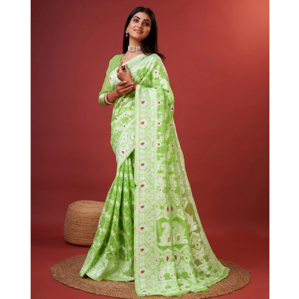 Generic Women's Cotton Silk Printed Saree With Unstitched Blouse 5.5Mtr (Light Green)
