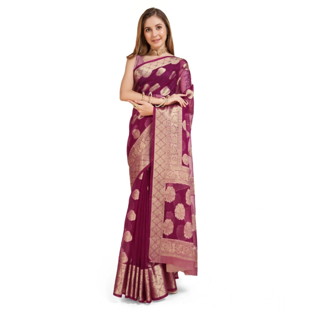 Generic Women's Soft Organza Silk Weaving Design Saree With Unstitched Blouse 5.5Mtr (Wine)
