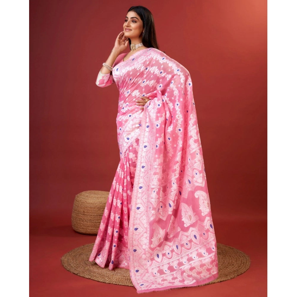 Generic Women's Cotton Silk Printed Saree With Unstitched Blouse 5.5Mtr (Pink)