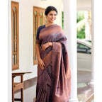 Generic Women's Litchi silk Printed Saree With Unstitched Blouse (Navy Blue)