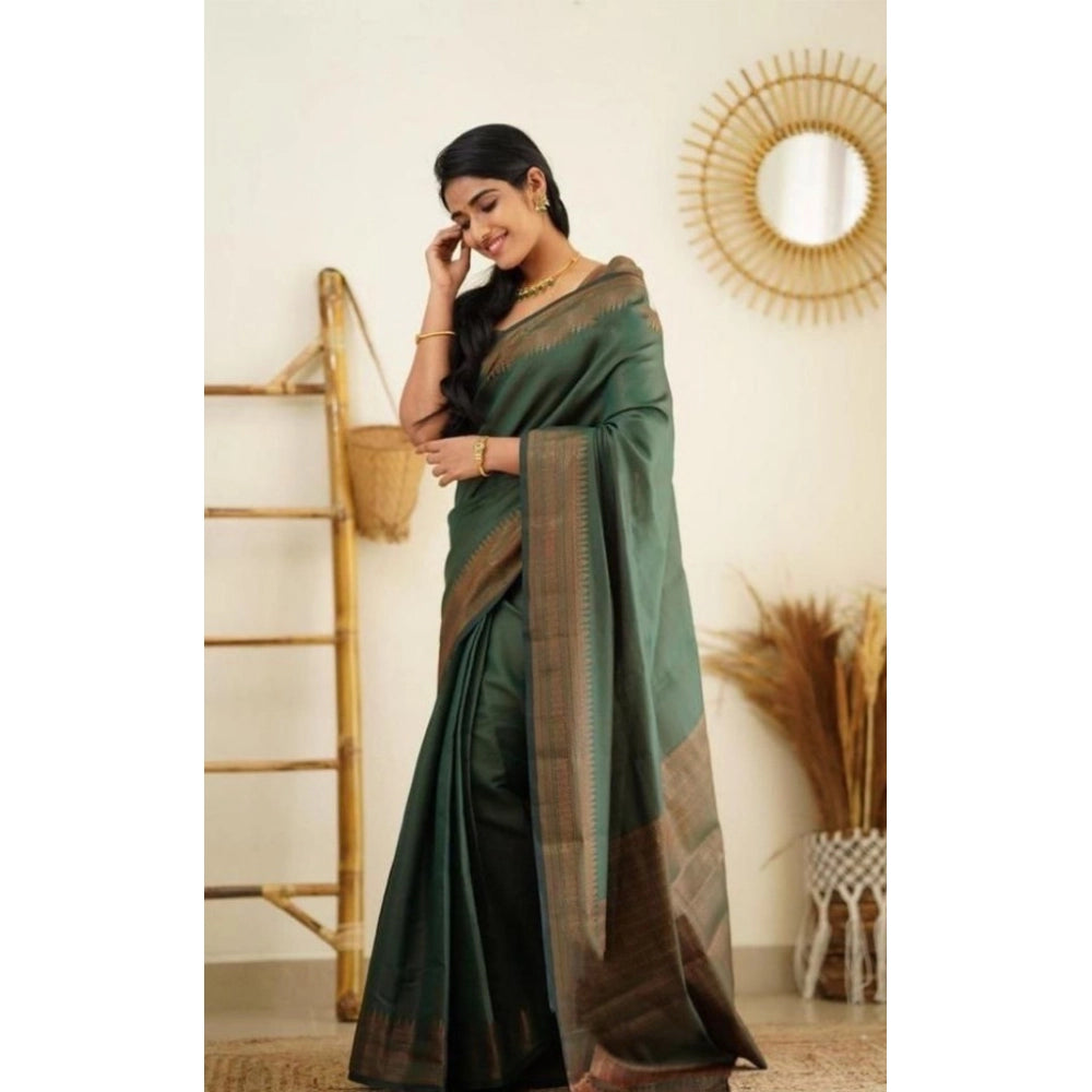 Generic Women's Litchi silk Printed Saree With Unstitched Blouse (Green)