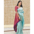 Generic Women's Litchi silk Printed Saree With Unstitched Blouse (Blue)