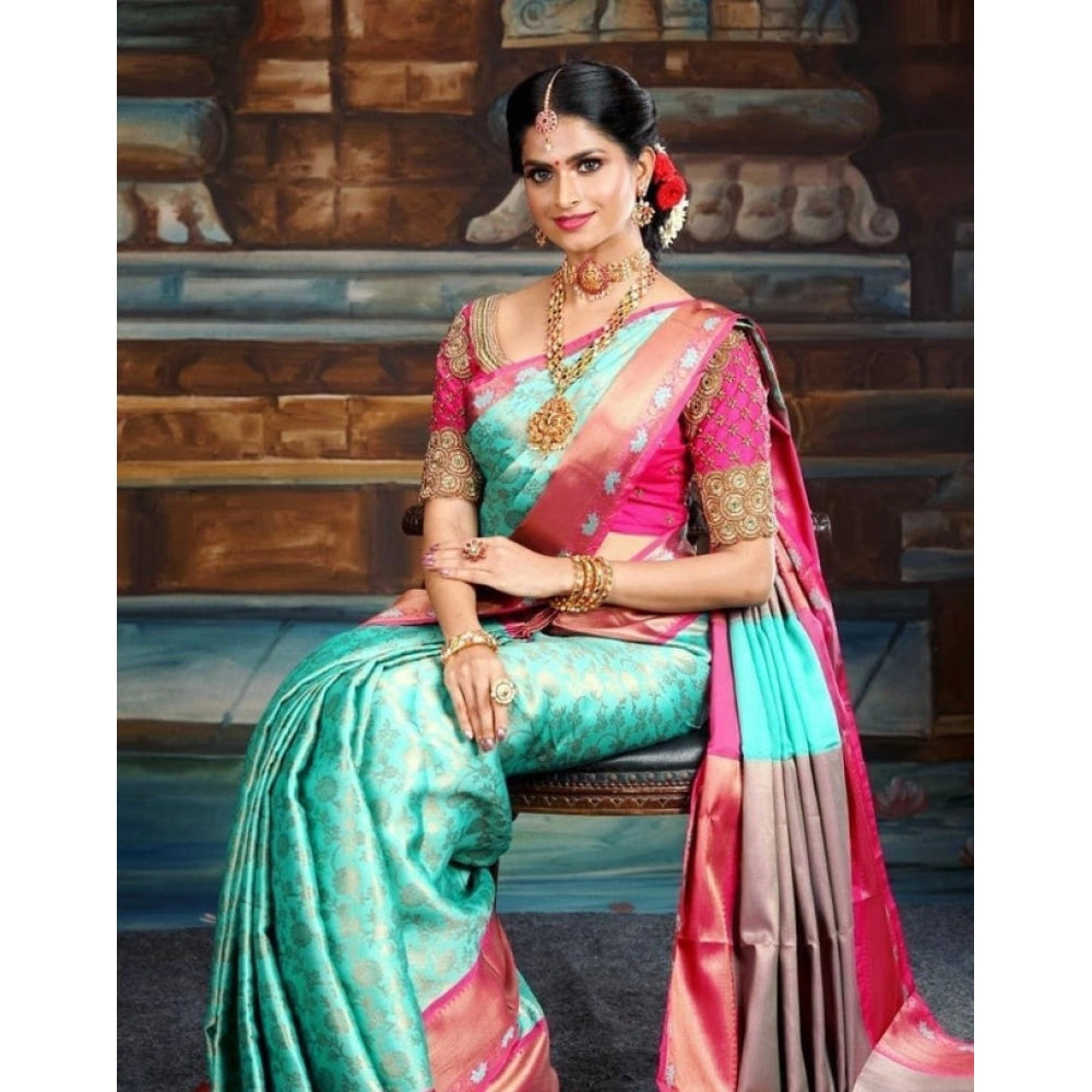 Generic Women's Litchi silk Printed Saree With Unstitched Blouse (Turquise Blue)