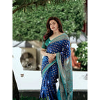 Generic Women's Litchi silk Printed Saree With Unstitched Blouse (Navy Blue)