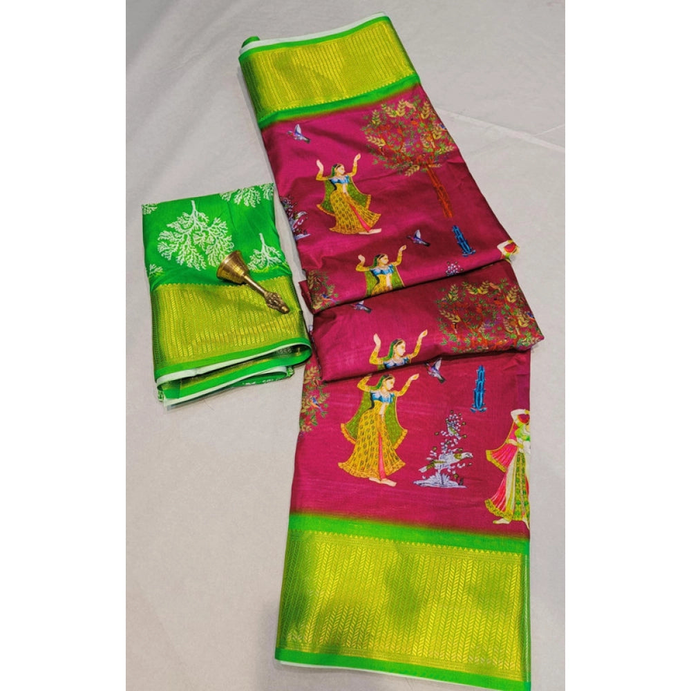 Generic Women's Digital Dolla Silk Printed Saree With Unstitched Blouse 5.5Mtr (Pink)