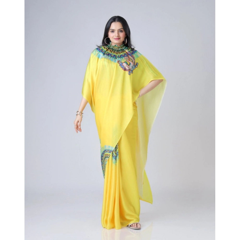 Generic Women's Soft Crepe Silk Printed Ready To Wear Saree With Unstitched Blouse 5.5Mtr (Yellow)