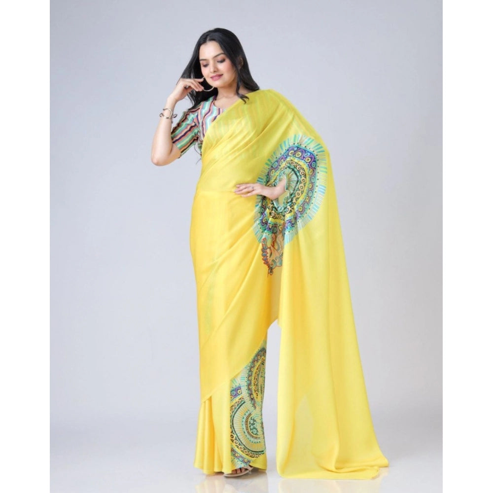 Generic Women's Soft Crepe Silk Printed Ready To Wear Saree With Unstitched Blouse 5.5Mtr (Yellow)