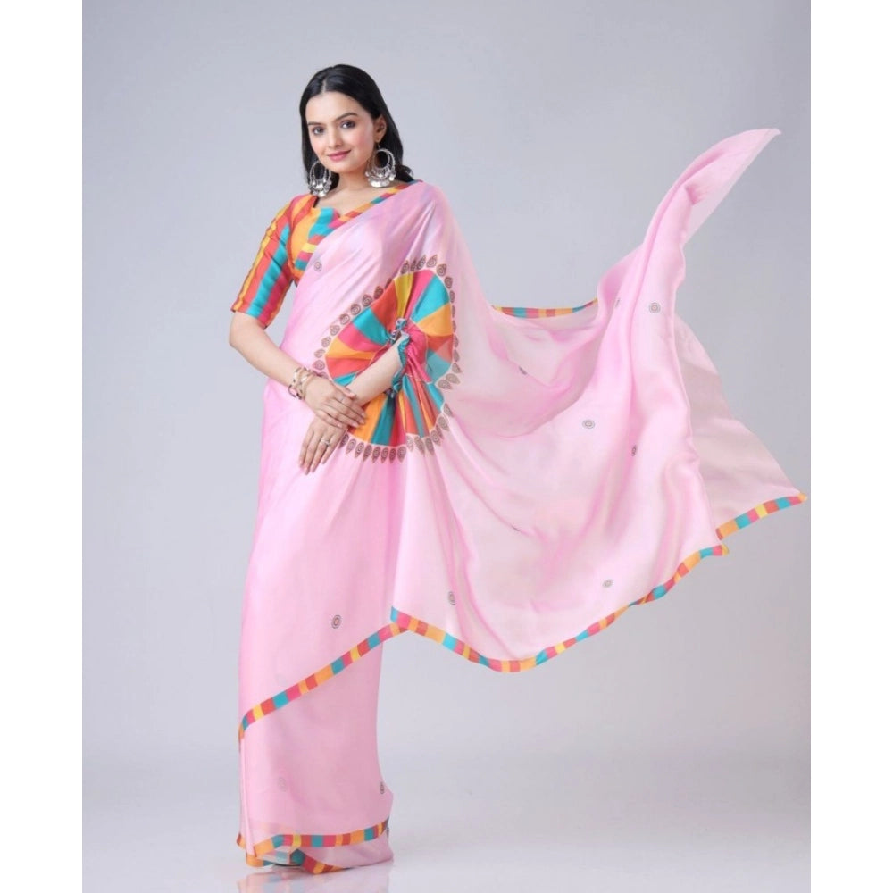 Generic Women's Soft Crepe Silk Printed Ready To Wear Saree With Unstitched Blouse 5.5Mtr (Pink)