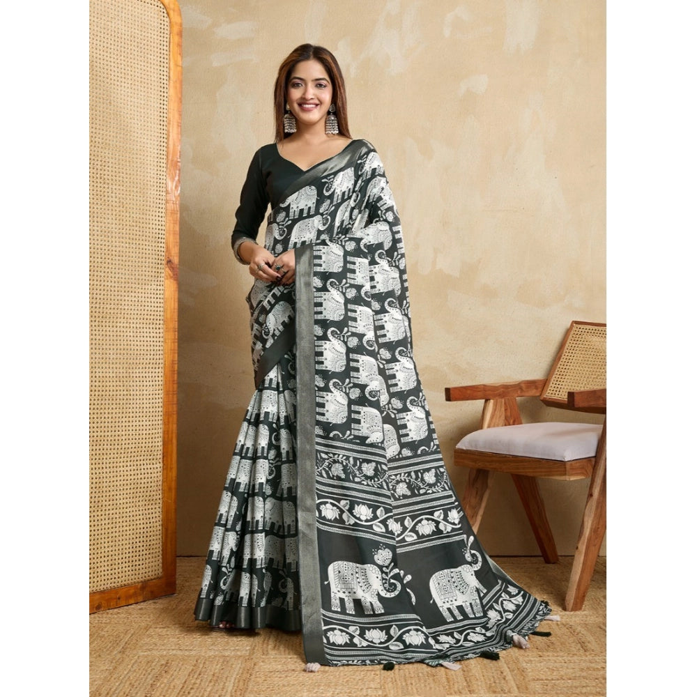 Generic Women's Silk Blend Printed Saree With Unstitched Blouse 5.5Mtr (Green)