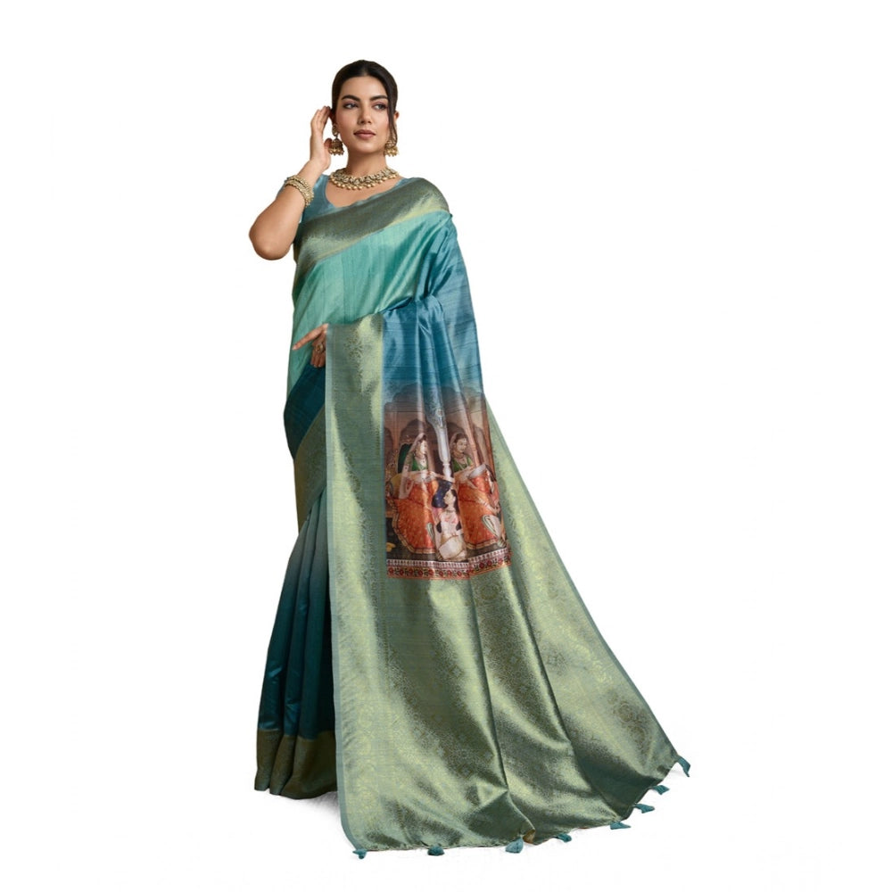 Generic Women's Silk Printed Saree With Unstitched Blouse 5.5Mtr (Blue)
