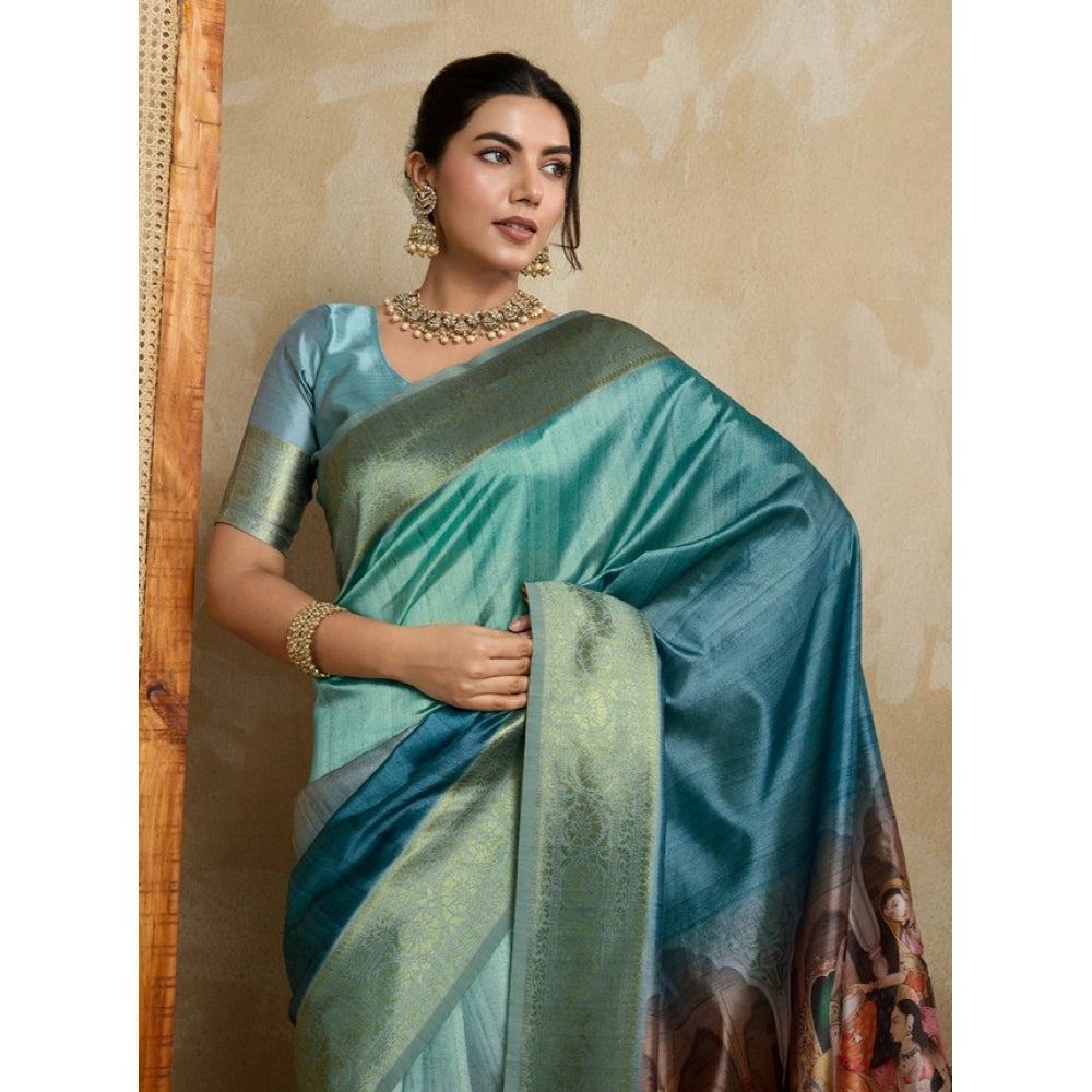 Generic Women's Silk Printed Saree With Unstitched Blouse 5.5Mtr (Blue)