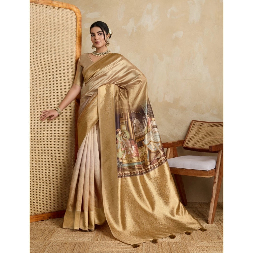 Generic Women's Silk Printed Saree With Unstitched Blouse 5.5Mtr (Gold)