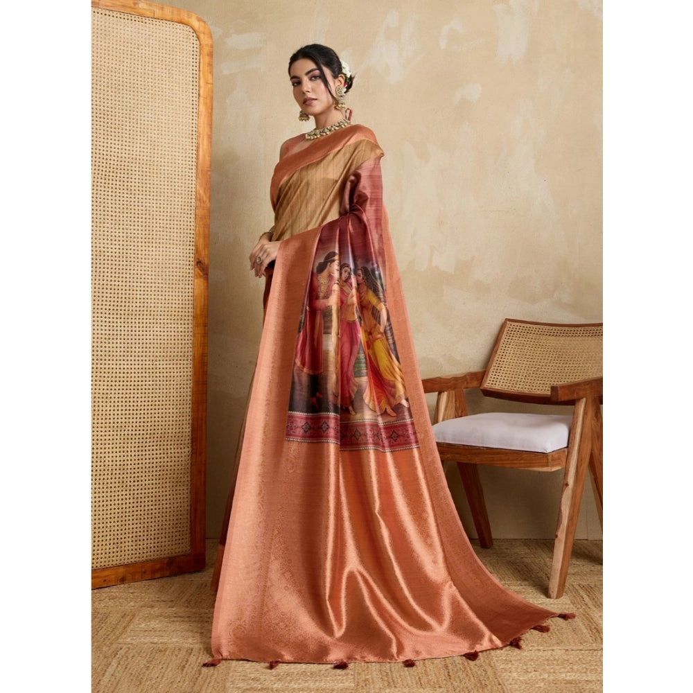 Generic Women's Silk Printed Saree With Unstitched Blouse 5.5Mtr (Peach)