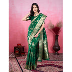 Generic Women's Banarasi Silk Printed Saree With Unstitched Blouse 5.5Mtr (Green)