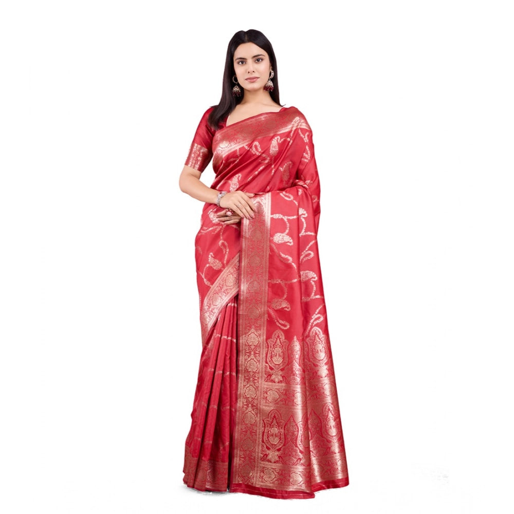 Generic Women's Banarasi Silk Printed Saree With Unstitched Blouse 5.5Mtr (Red)