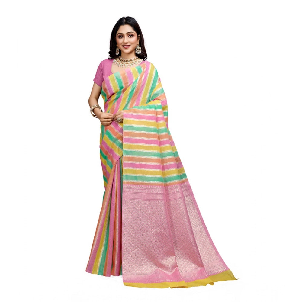 Generic Women's Cotton Blended Printed Saree With Unstitched Blouse 5.5Mtr (Pink)
