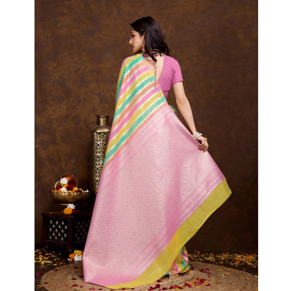 Generic Women's Cotton Blended Printed Saree With Unstitched Blouse 5.5Mtr (Pink)