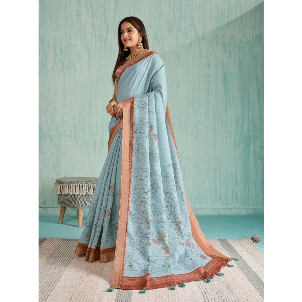 Generic Women's Silk Blend Printed Saree With Unstitched Blouse 5.5Mtr (Blue)