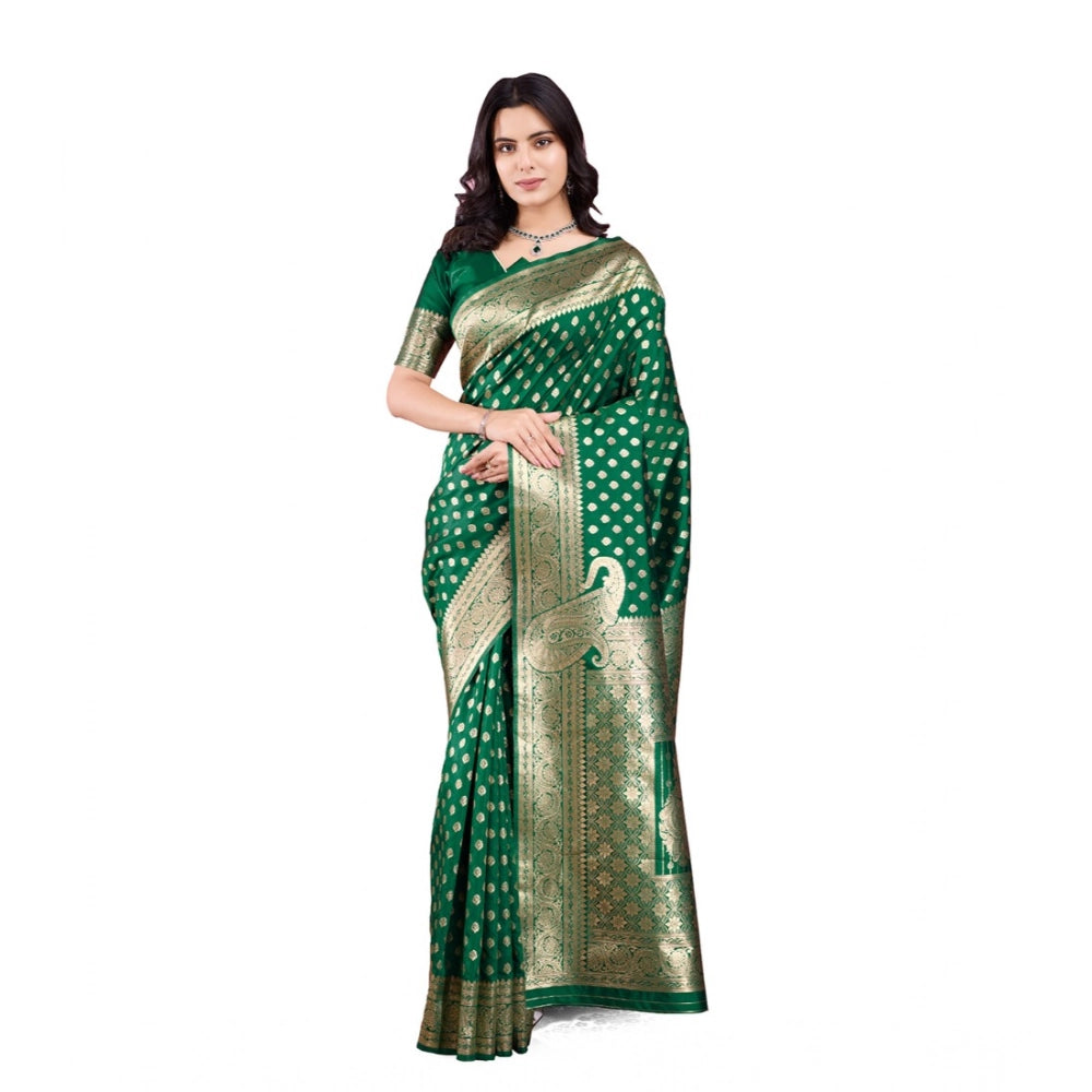 Generic Women's Banarasi Silk Printed Saree With Unstitched Blouse 5.5Mtr (Green)