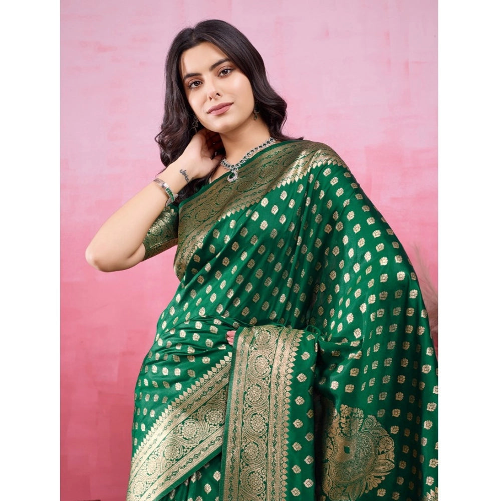 Generic Women's Banarasi Silk Printed Saree With Unstitched Blouse 5.5Mtr (Green)