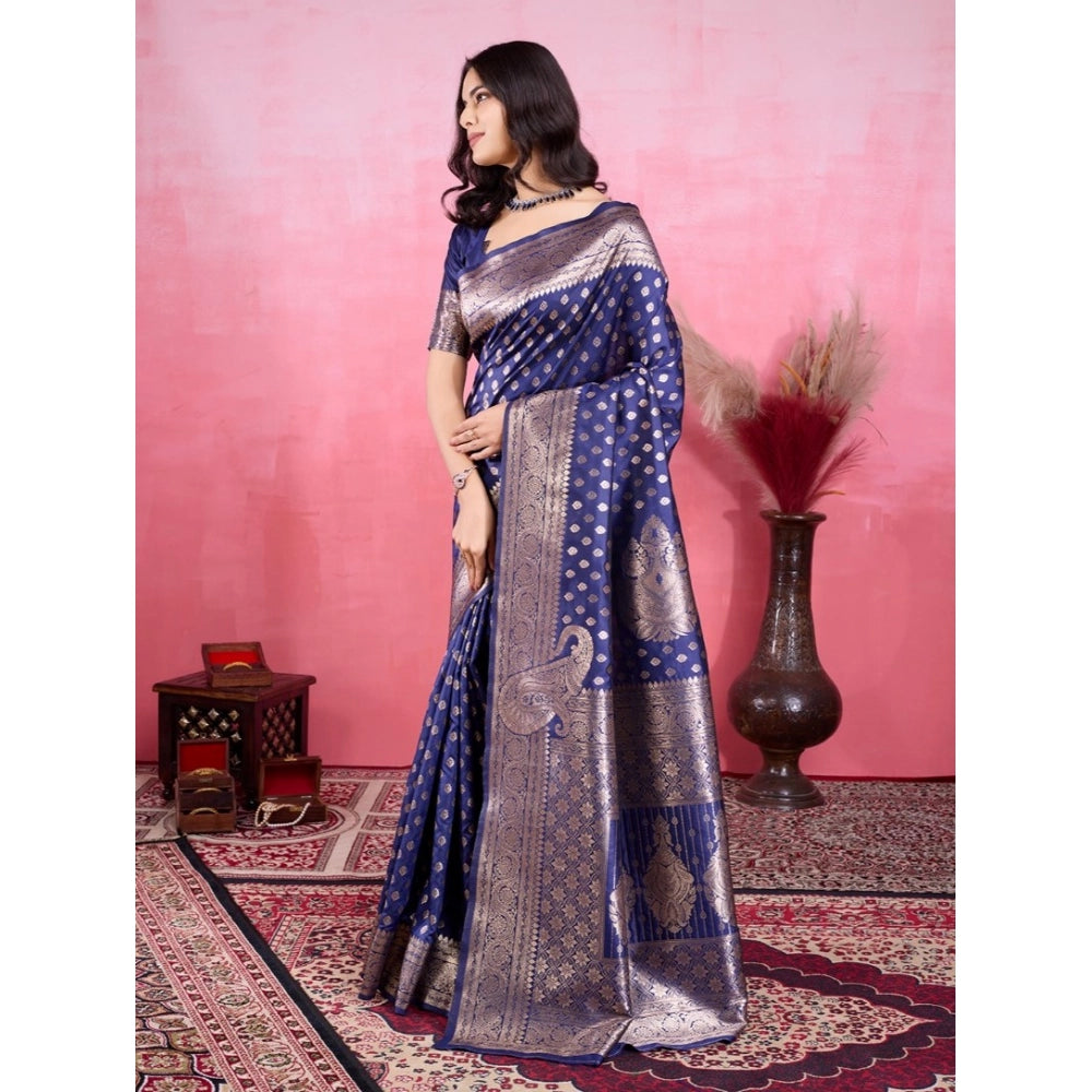 Generic Women's Banarasi Silk Printed Saree With Unstitched Blouse 5.5Mtr (Blue)