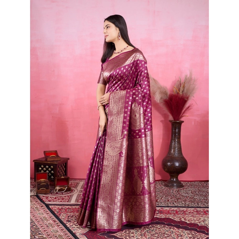 Generic Women's Banarasi Silk Printed Saree With Unstitched Blouse 5.5Mtr (Wine)