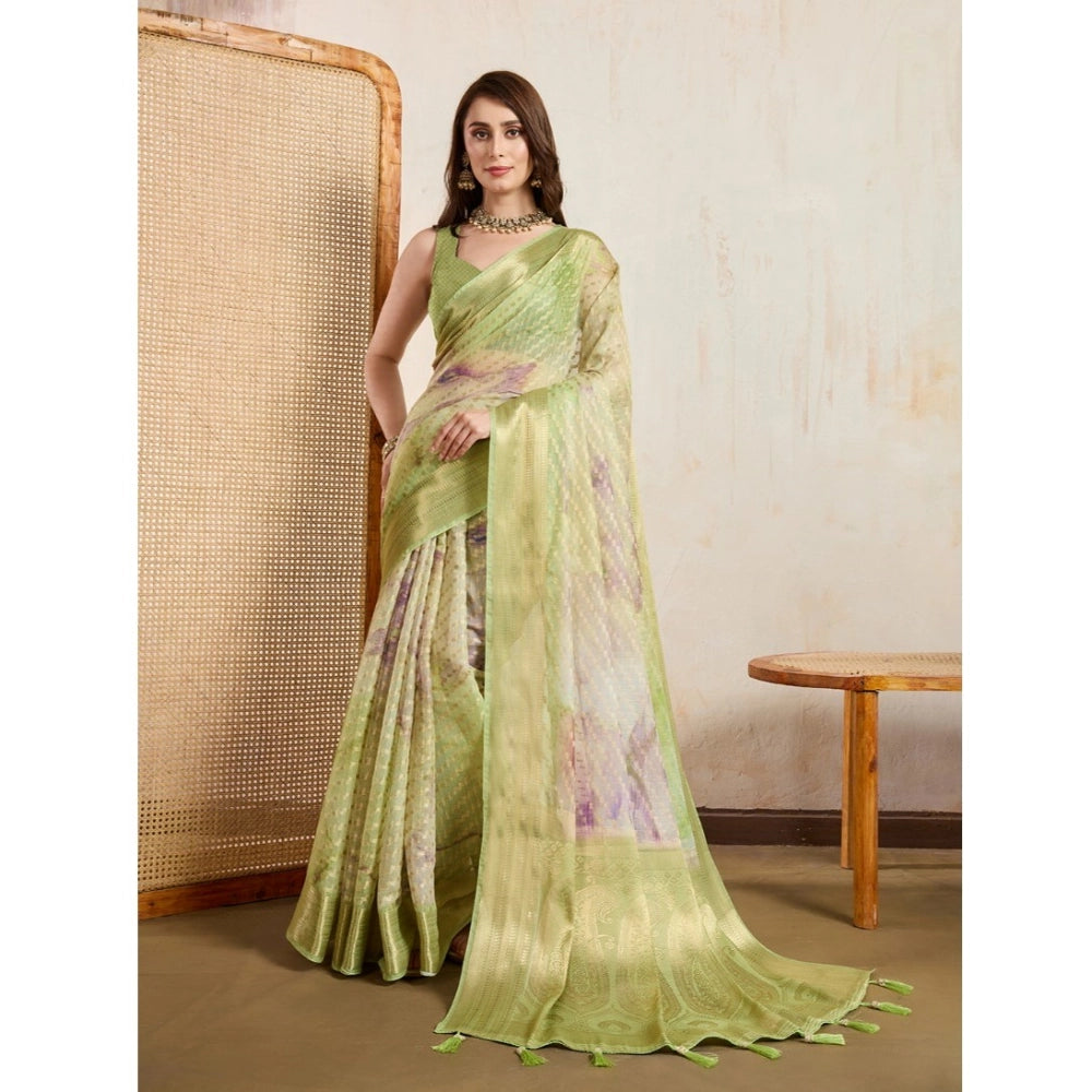 Generic Women's Viscose Printed Saree With Unstitched Blouse 5.5Mtr (Light Green)