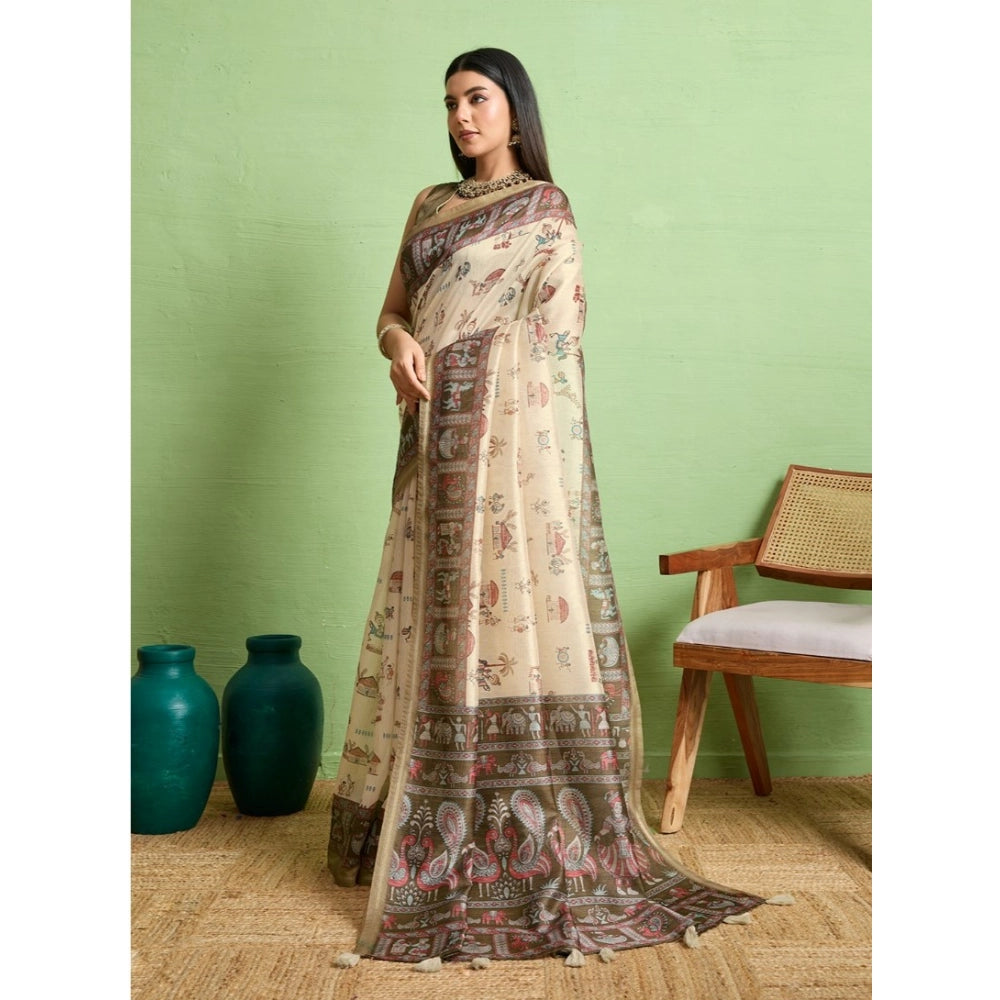 Generic Women's Silk Blend Printed Saree With Unstitched Blouse 5.5Mtr (Cream)
