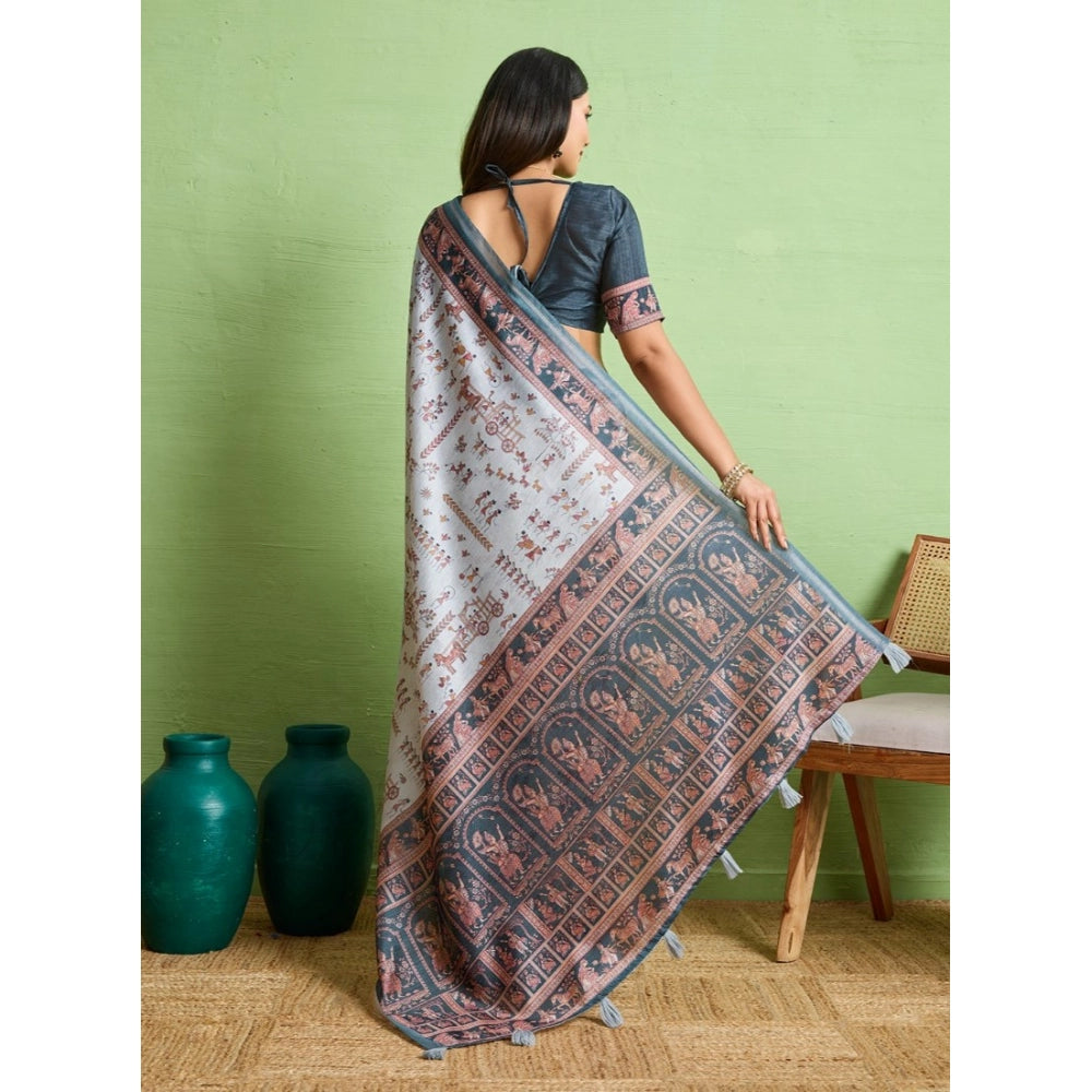 Generic Women's Silk Blend Printed Saree With Unstitched Blouse 5.5Mtr (Grey)