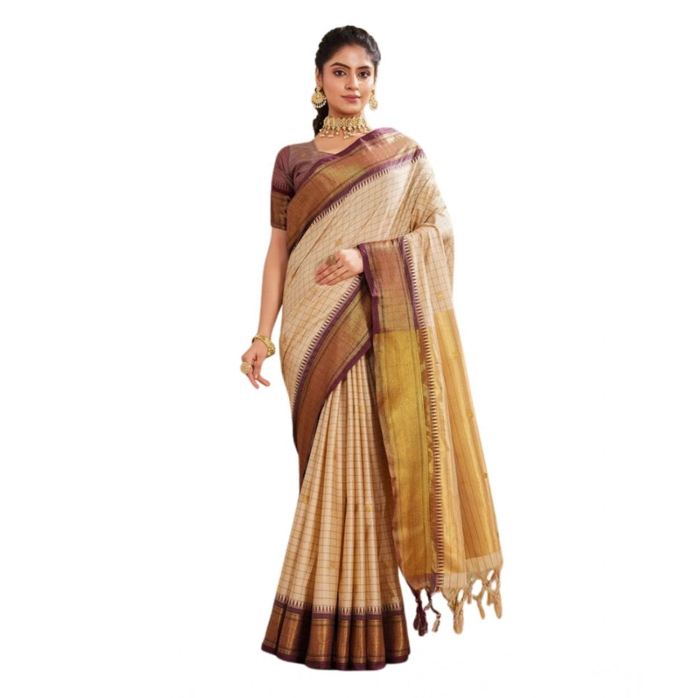 Generic Women's Silk Blended Jaquard Woven Saree With Unstitched Blouse 5.5Mtr (Beige)