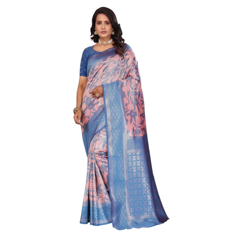 Generic Women's Banarasi Silk Jaquard Woven Saree With Unstitched Blouse 5.5Mtr (Pink)